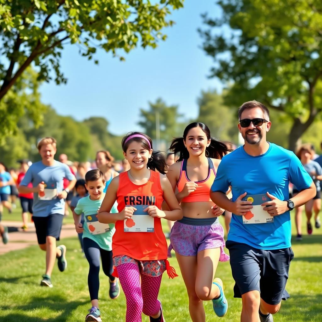 A family of four joyfully running together in a park during a family fun run, surrounded by greenery and other runners.