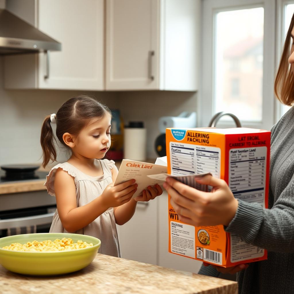 A young girl helps her mom read a cereal box.