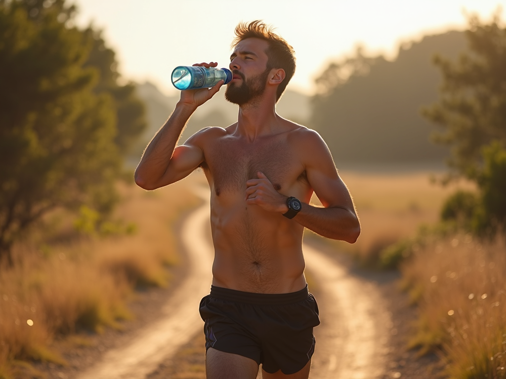 Runner hydrating with water during a sunny run.