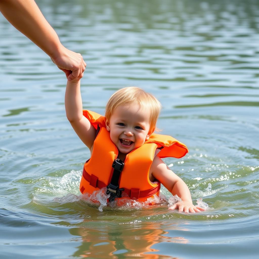 A child in a life jacket swimming safely with a parent in a lake.