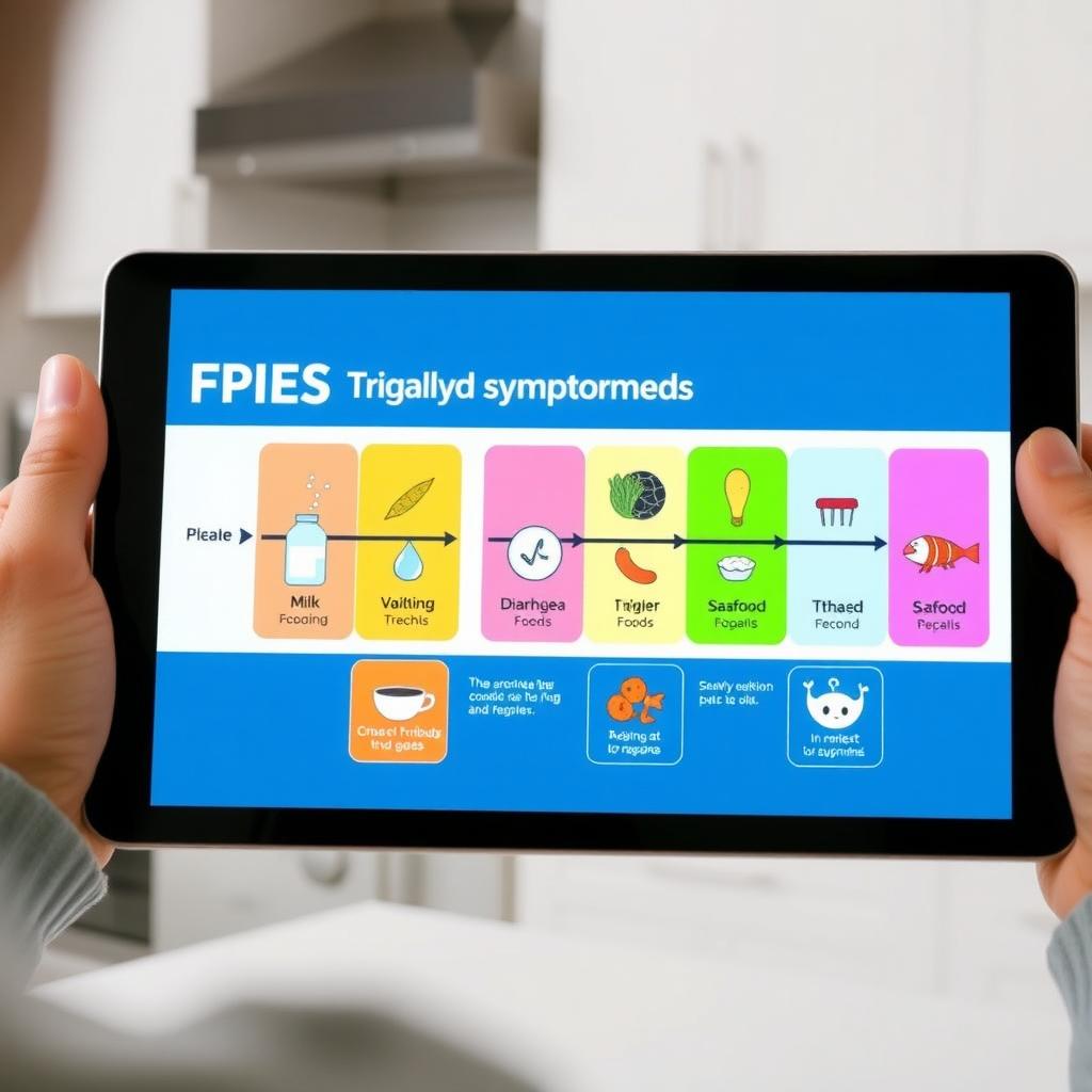 Infographic on a tablet showing FPIES symptoms and trigger foods
