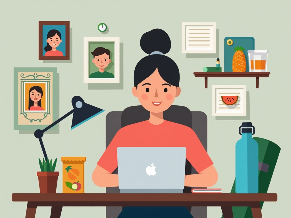 A person working from home, surrounded by reminders of family and wellness.