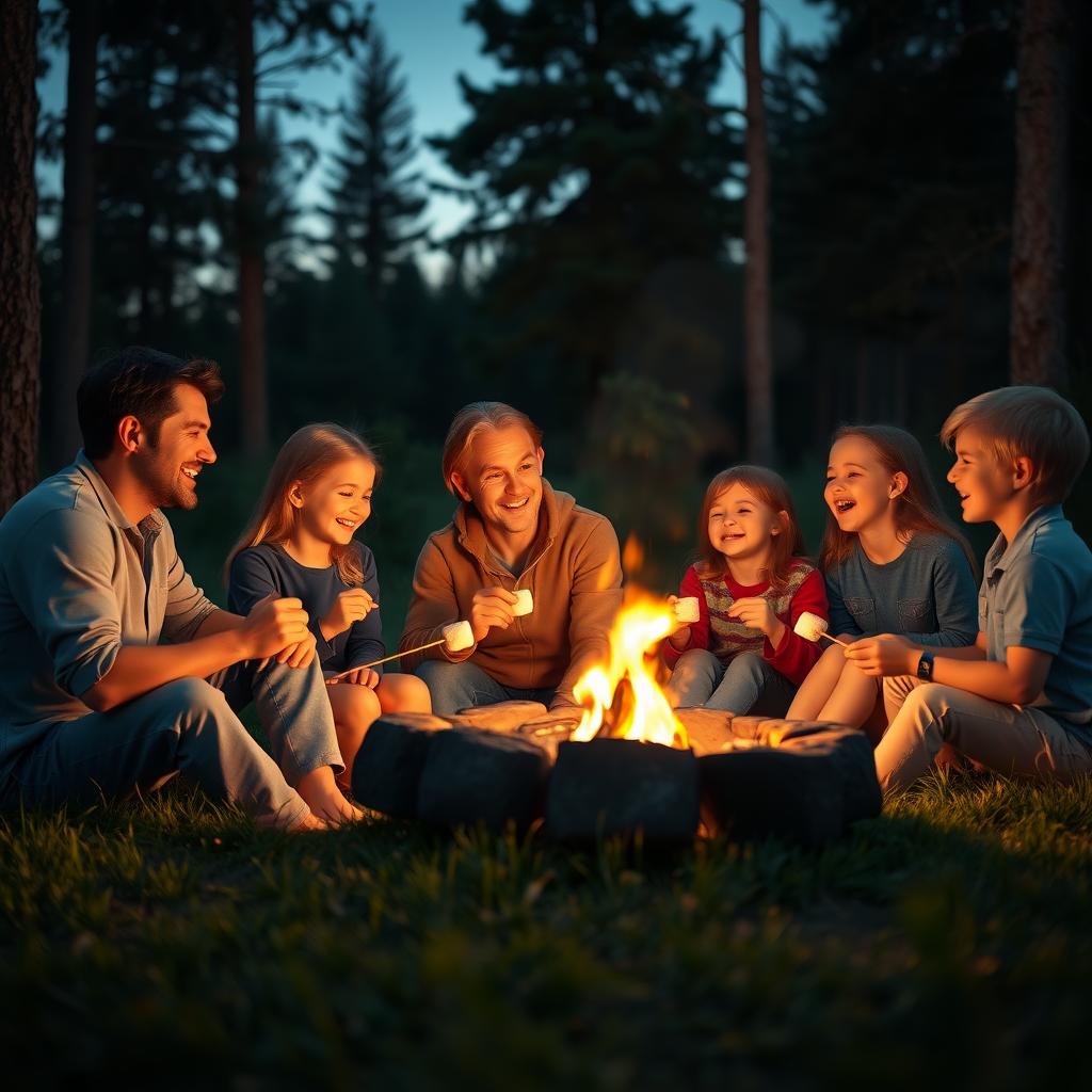 A family of five roasting marshmallows around a campfire at dusk, laughing together in a forest.