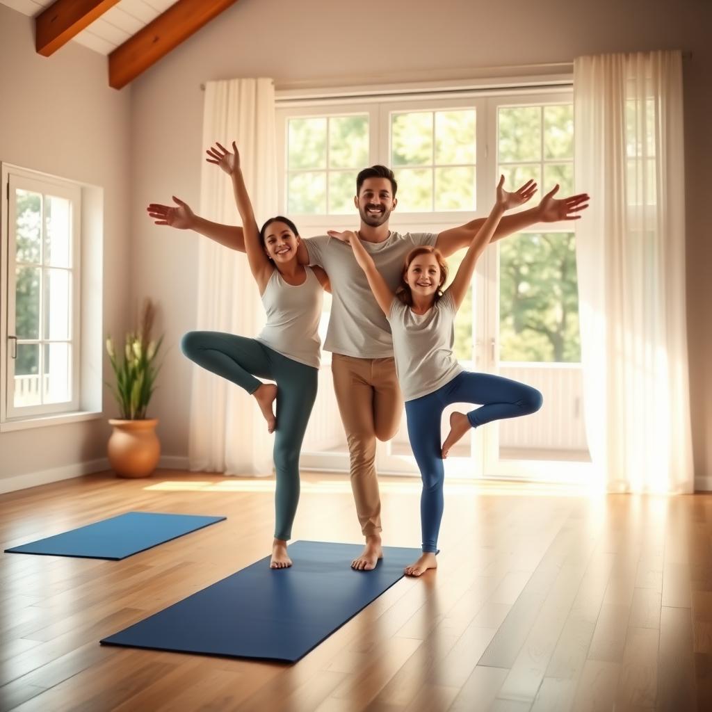 A family of three practicing yoga in a bright living room, balancing in tree pose with smiles.