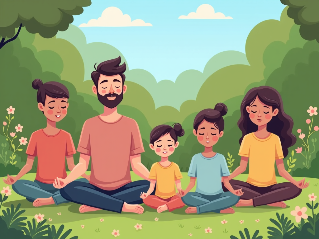 A family practicing mindfulness meditation in a peaceful garden