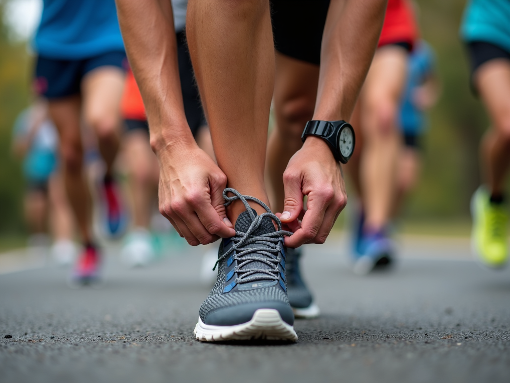 Runner tying shoelaces with a group in the background