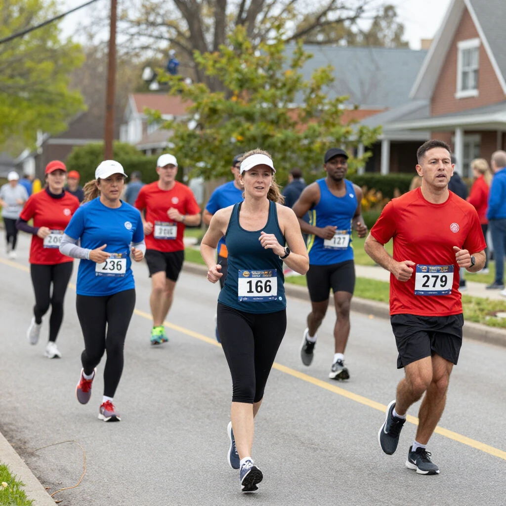 Participants running in a local neighborhood 5K event