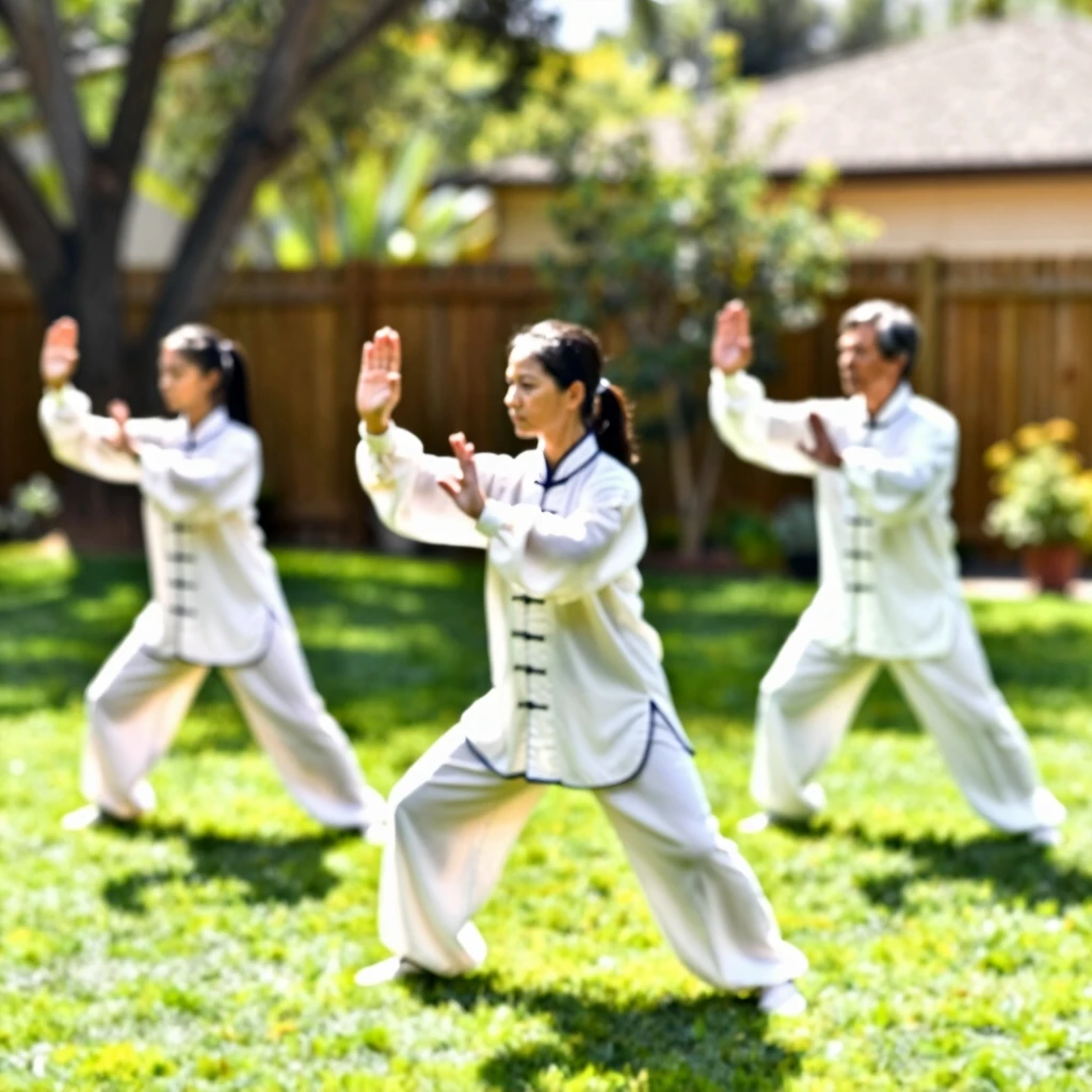 Family practicing Tai Chi outdoors