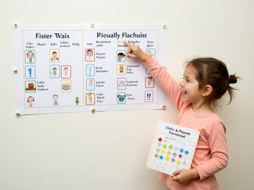 A child interacting with a fun, character-themed visual schedule.