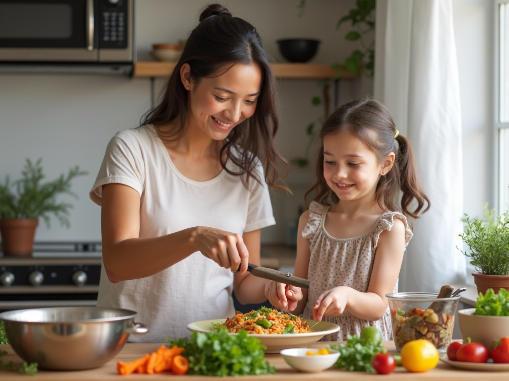 Parent and child cooking allergy-friendly quinoa stir-fry together.