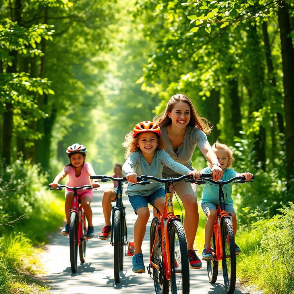 A family of four biking happily on a sunny forest trail, surrounded by green trees and dappled sunlight.