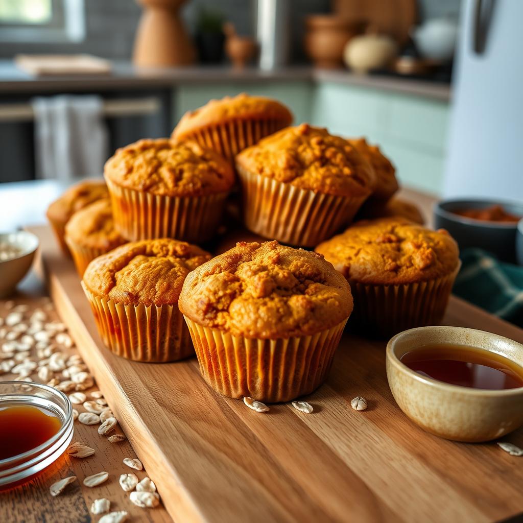 Golden-brown sweet potato muffins on a wooden tray with scattered oats and a bowl of maple syrup, set in a cozy kitchen with soft natural light.