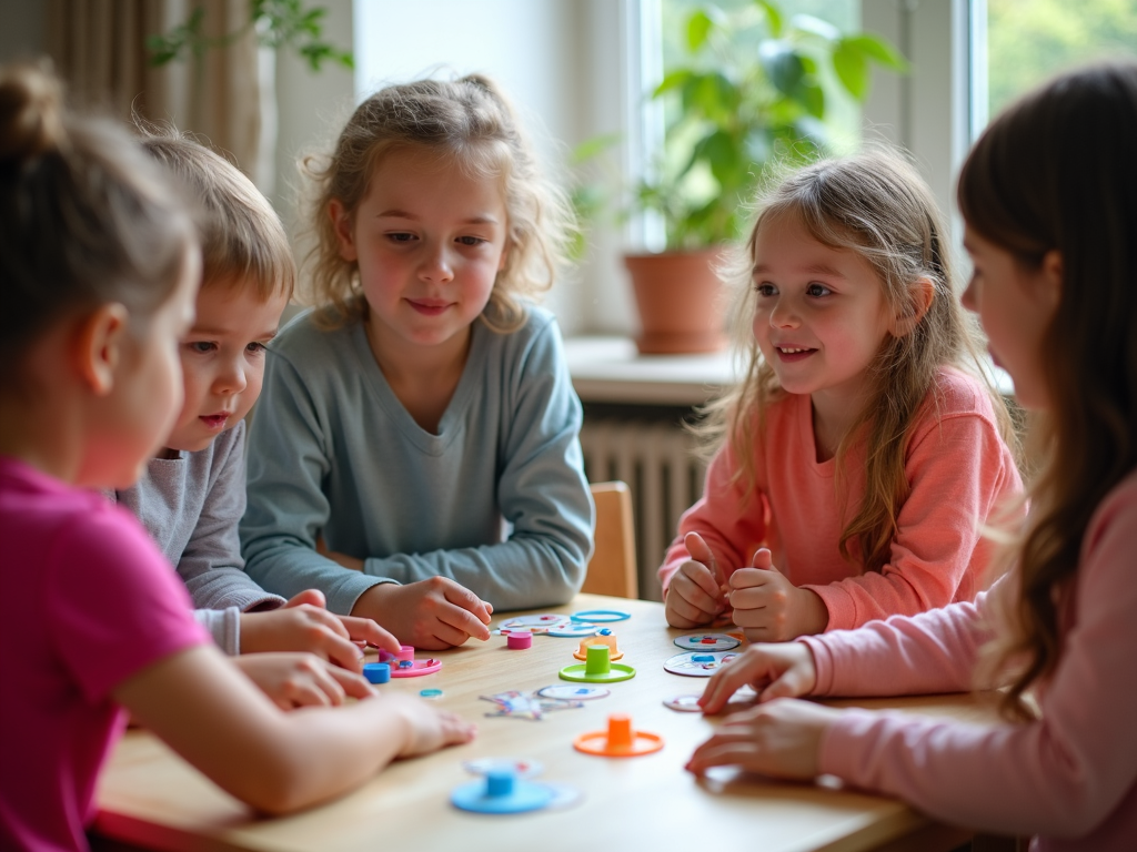 A child practicing social skills with peers during a group therapy session, illustrating teamwork and communication.