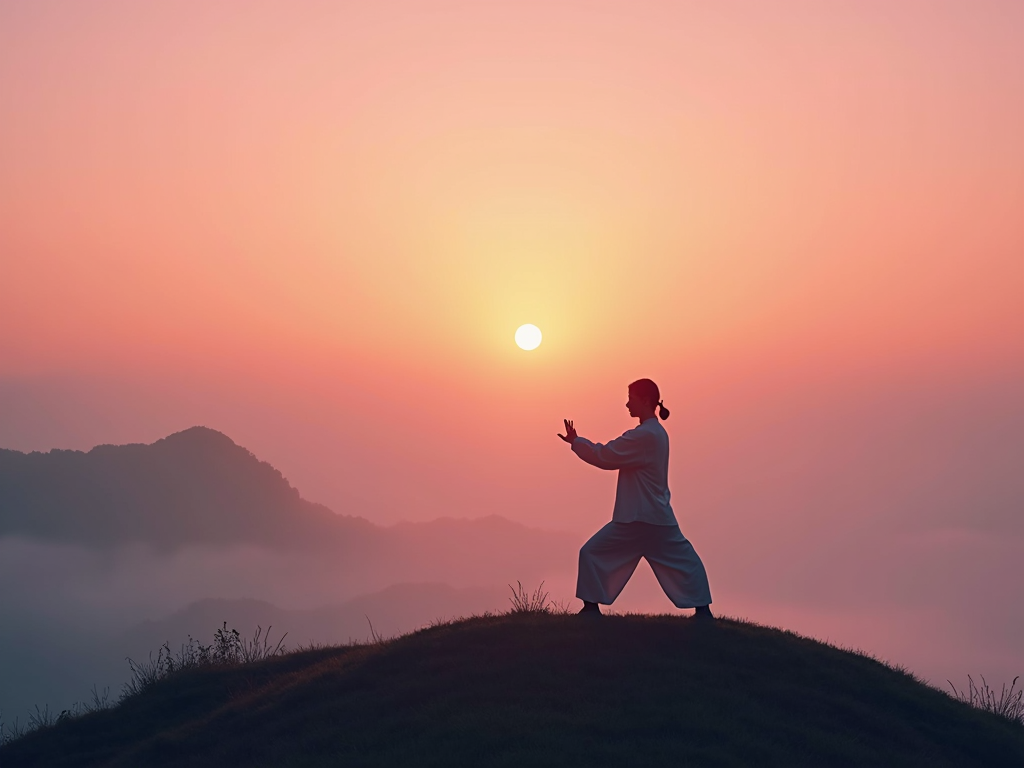 Person practicing Tai Chi at dawn on a hill