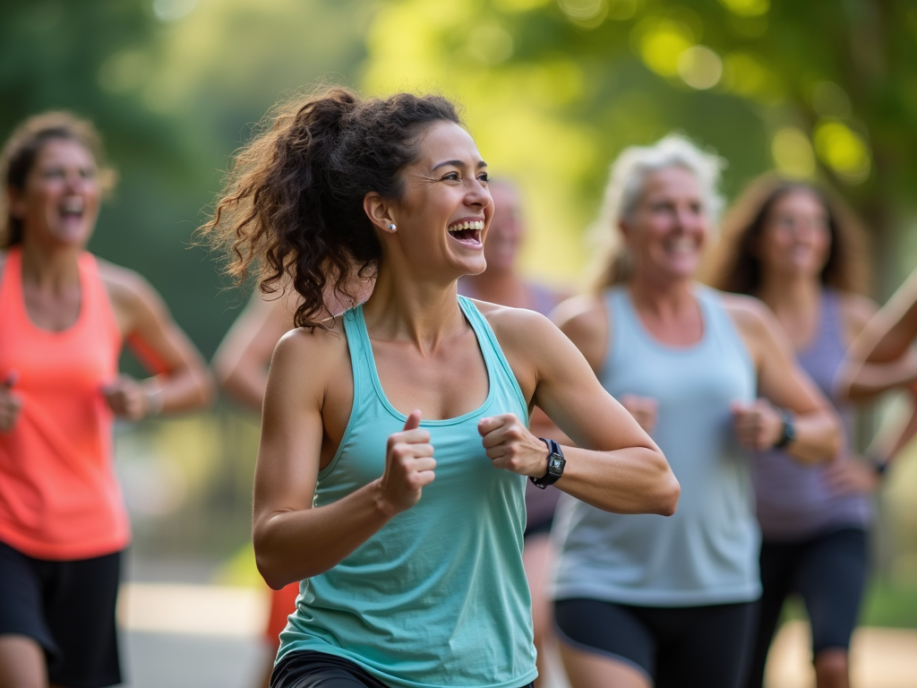 A diverse group of people smiling and encouraging each other in an outdoor fitness class.