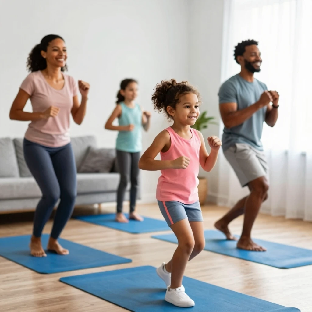 Family enjoying cardio workouts at home