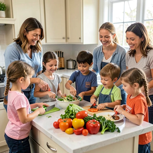Kids and parents preparing healthy meals together to encourage better eating habits