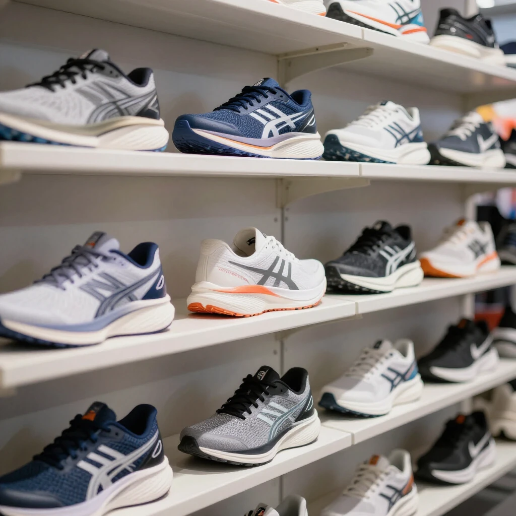 Variety of running shoes on display highlighting different cushioning and support features