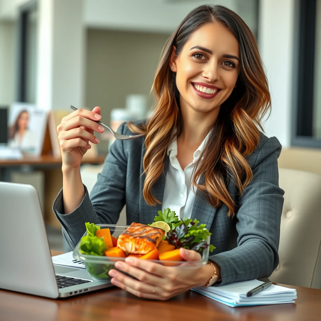 Professional enjoying healthy meal prep lunch at work