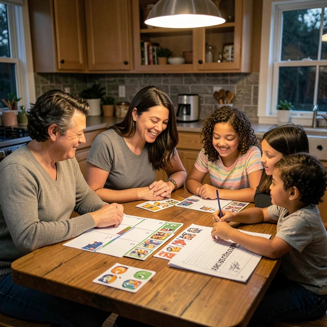 Family practicing Applied Behavior Analysis techniques together at home
