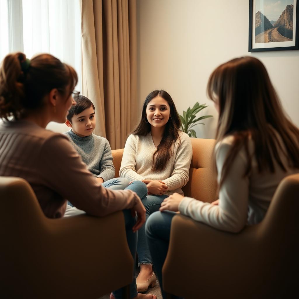 A family in a cozy therapy office, talking with a therapist in a supportive setting.