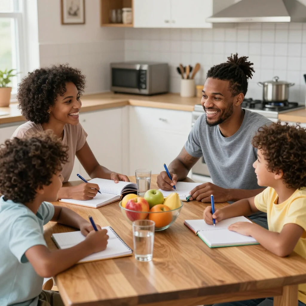 Family discussing wellness goals at the kitchen table