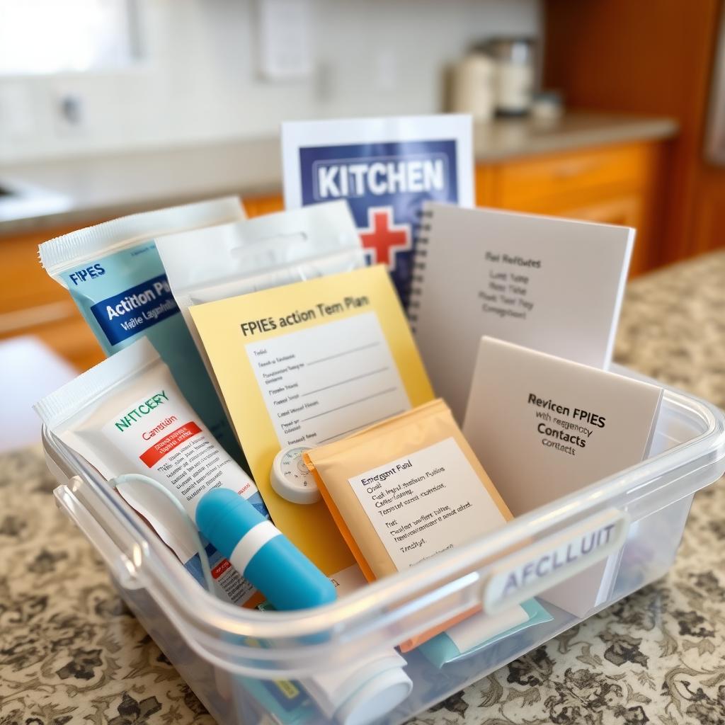 An organized FPIES emergency kit with medical supplies on a kitchen counter.