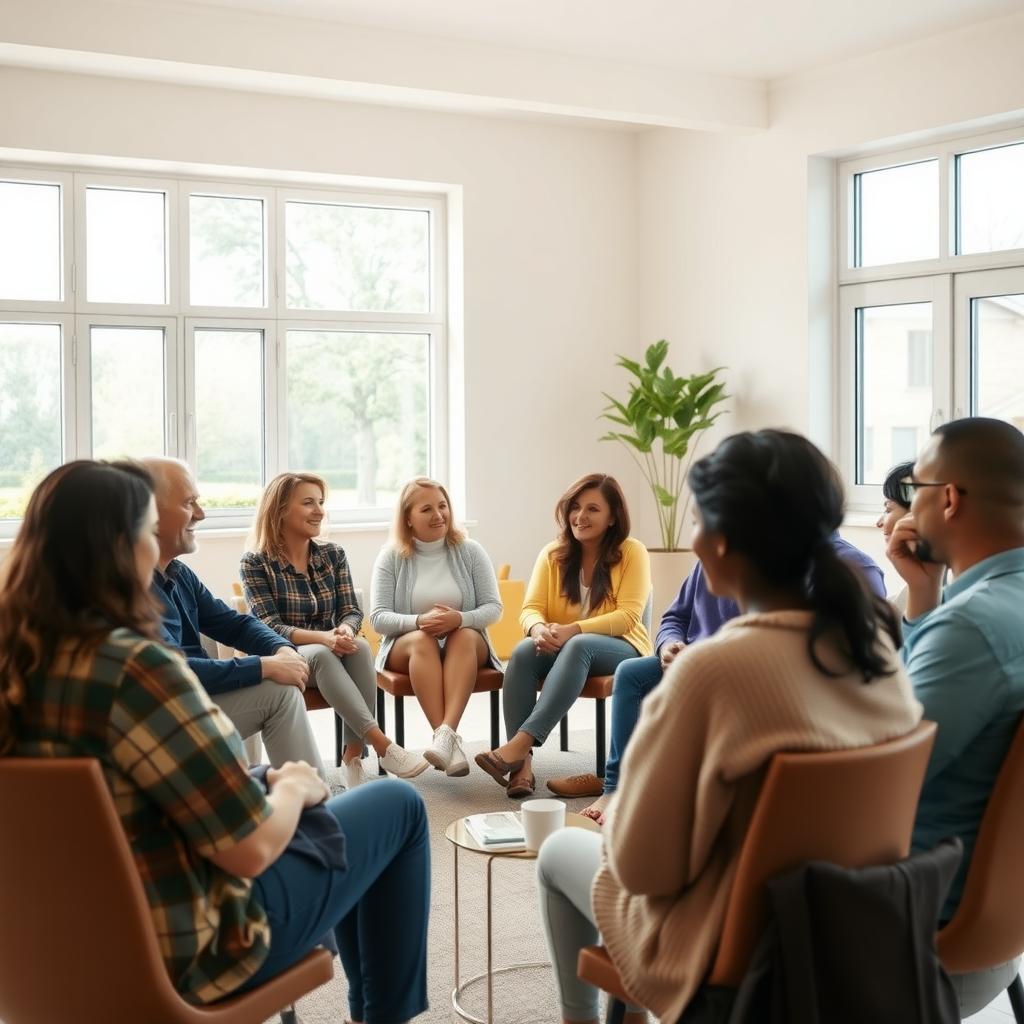 Group of people in a support group discussion in a bright community center room.