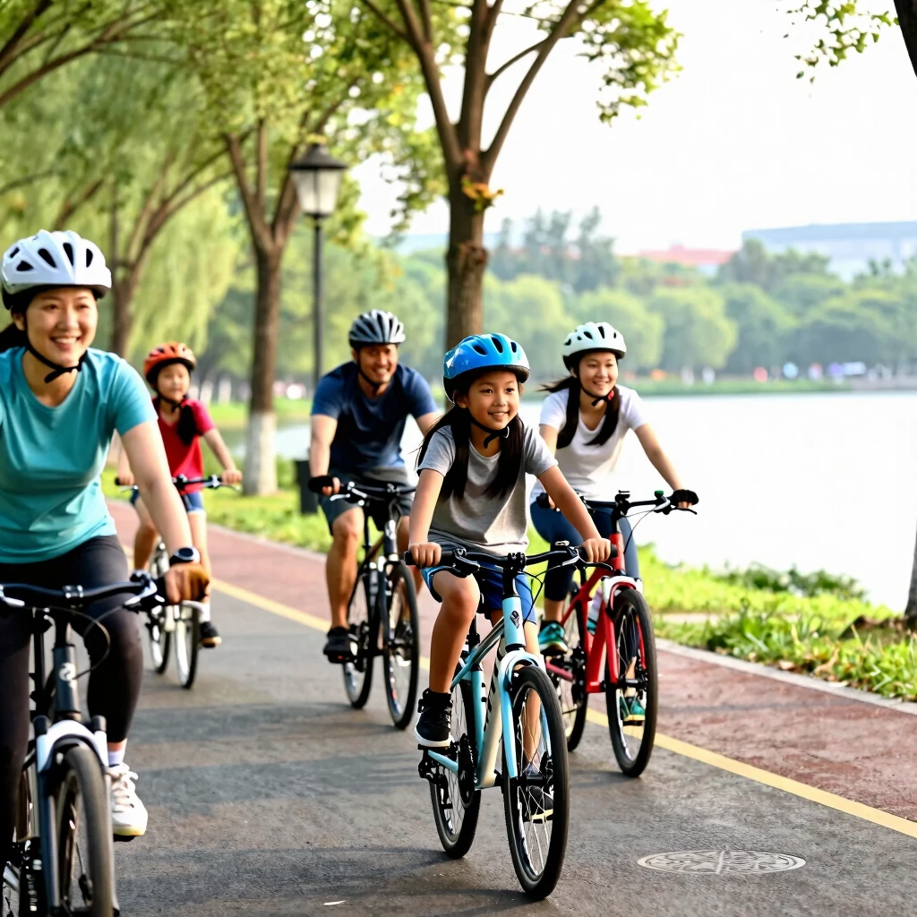 Family cycling group on park path