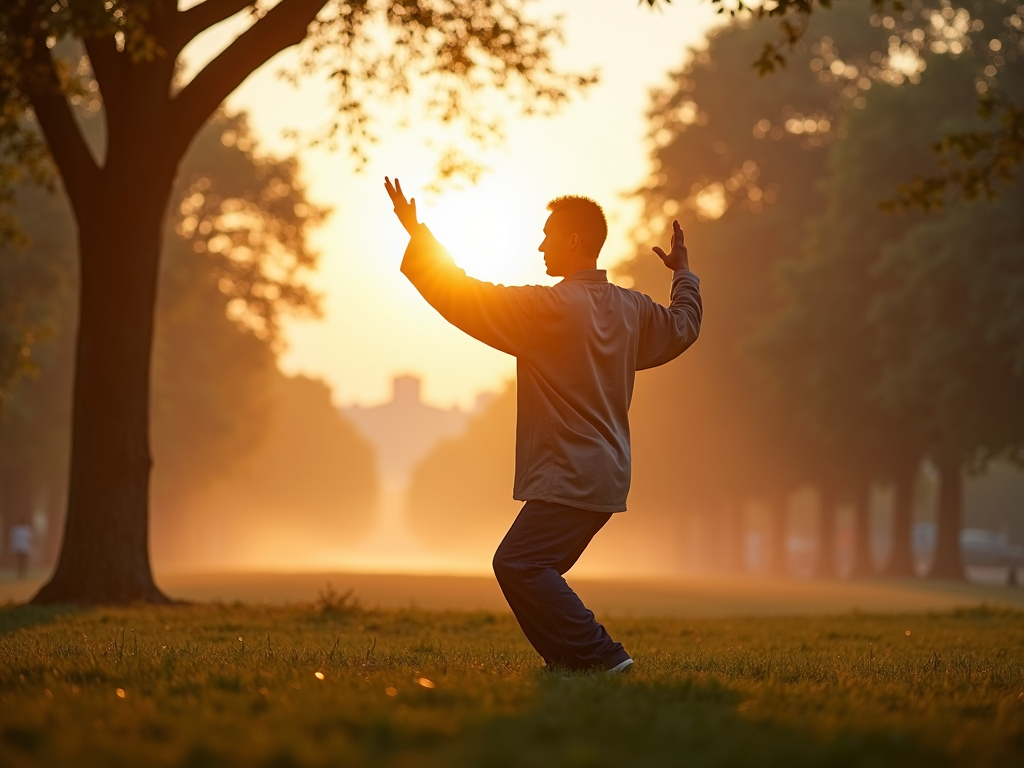 Person practicing Tai Chi at sunrise in a park