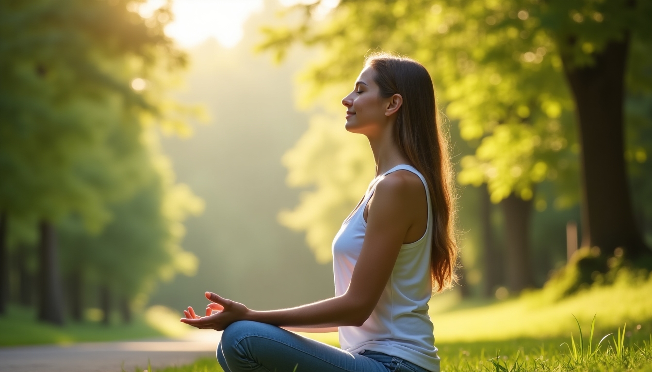 Person meditating peacefully, representing mindfulness in ACT