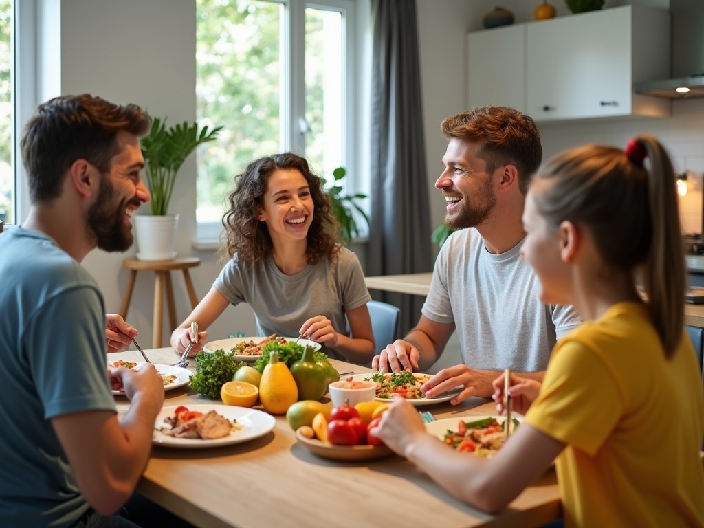A family enjoying a nutritious meal together after exercising.