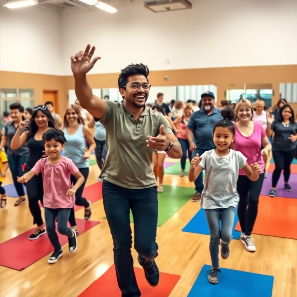 Group enjoying dance cardio class for family wellness