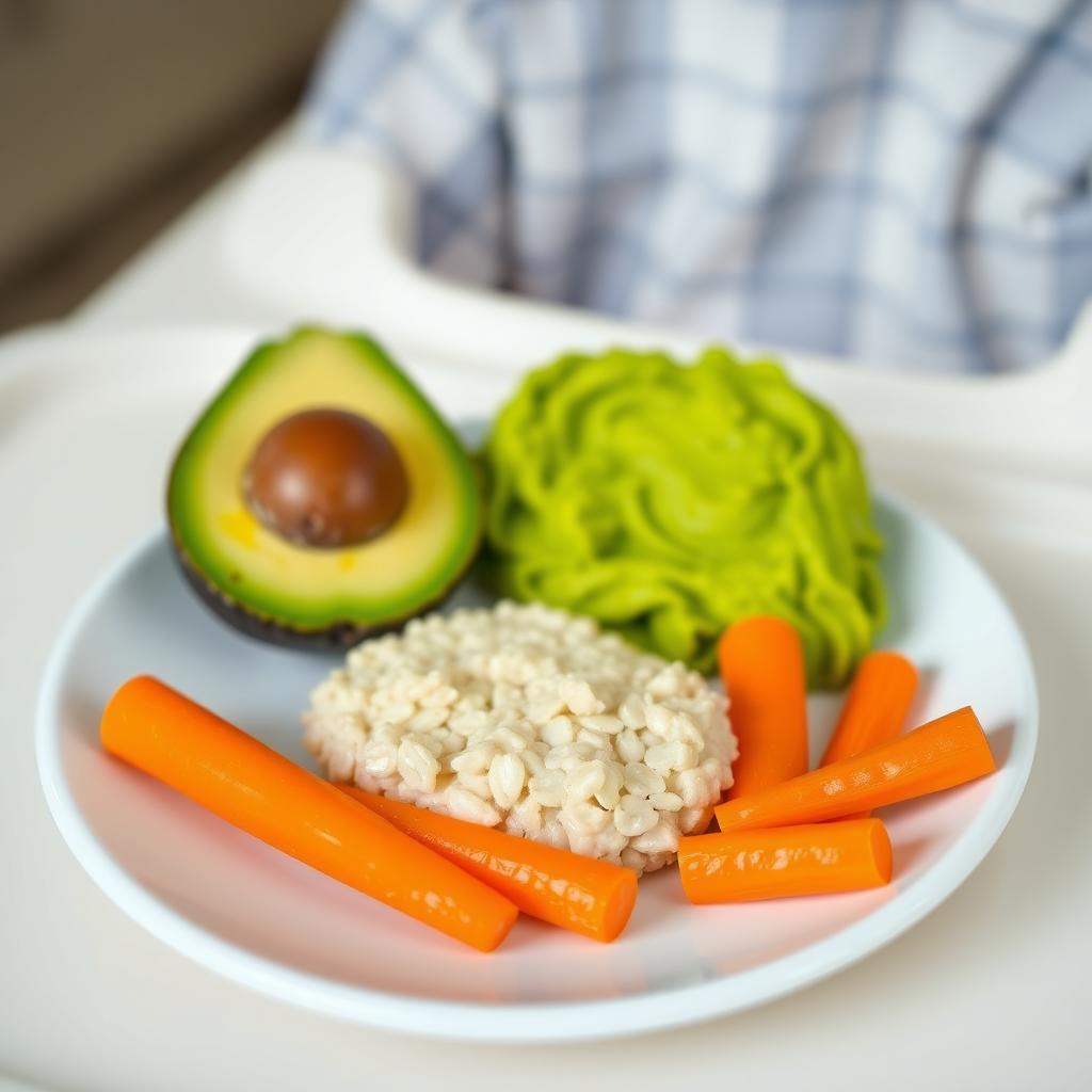 A plate of baby food with mashed avocado, steamed carrots, and oatmeal on a high chair tray.