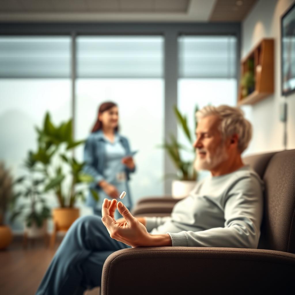 Patient preparing to take a sublingual allergy tablet in a clinic waiting room