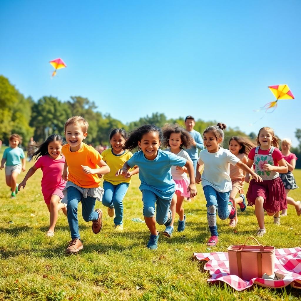 Children playing tag in a sunny park with parents watching and kites in the sky