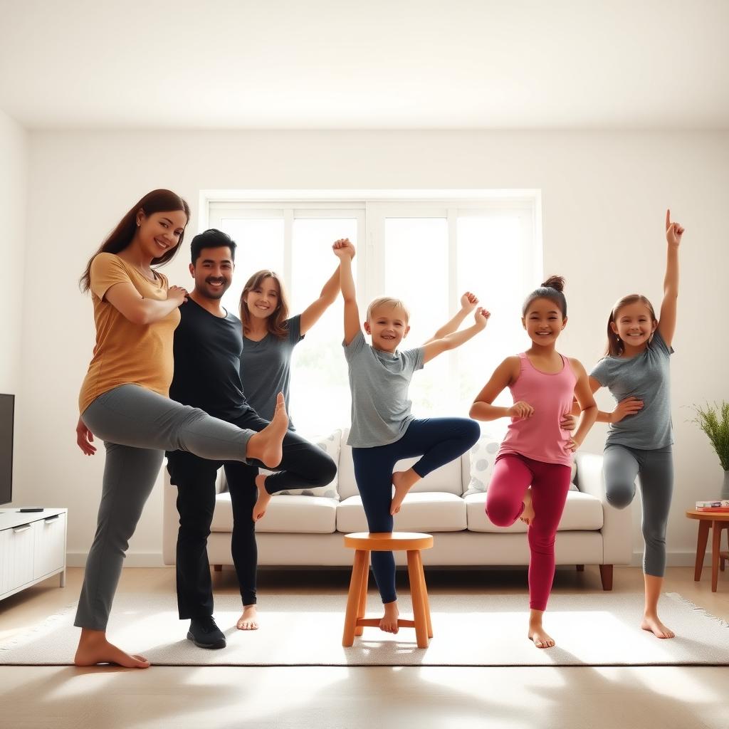 A family of four smiling and performing a standing hamstring stretch together in a bright living room.