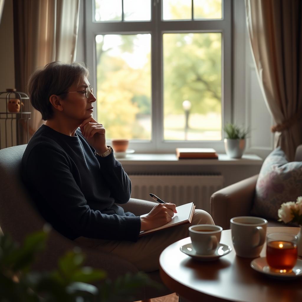 Person in a cozy therapist’s office with a notebook, tea, and a view of a green park.