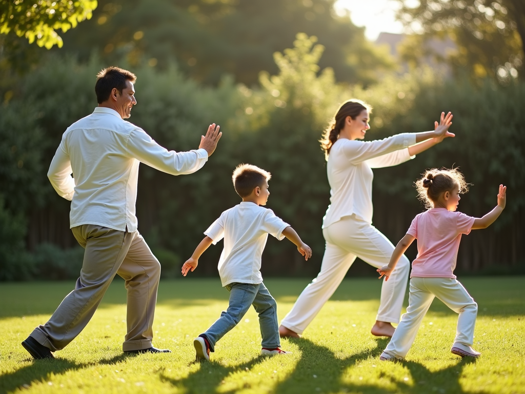 A family enjoying Tai Chi together, fostering wellness and connection.