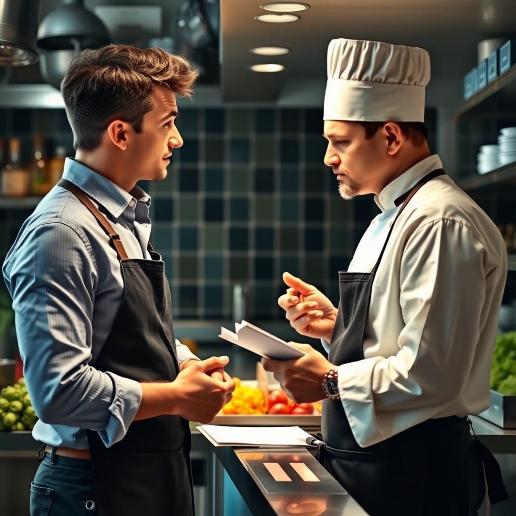 Person discussing food allergies with a chef in a bustling kitchen