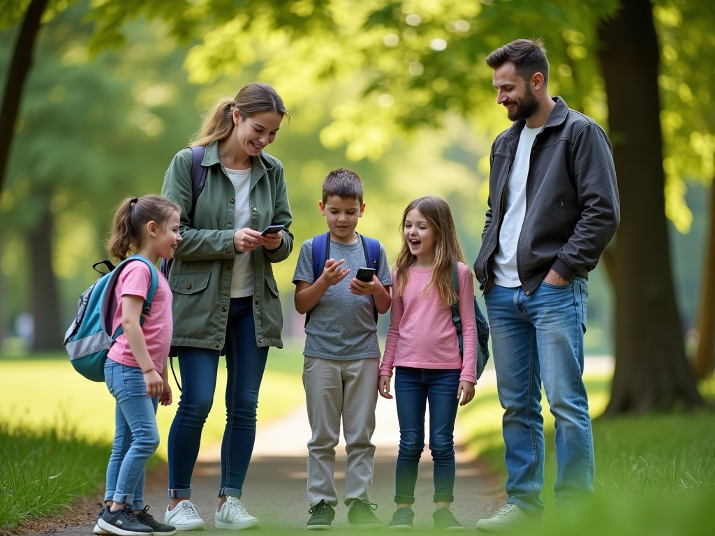 Family geocaching together in a park