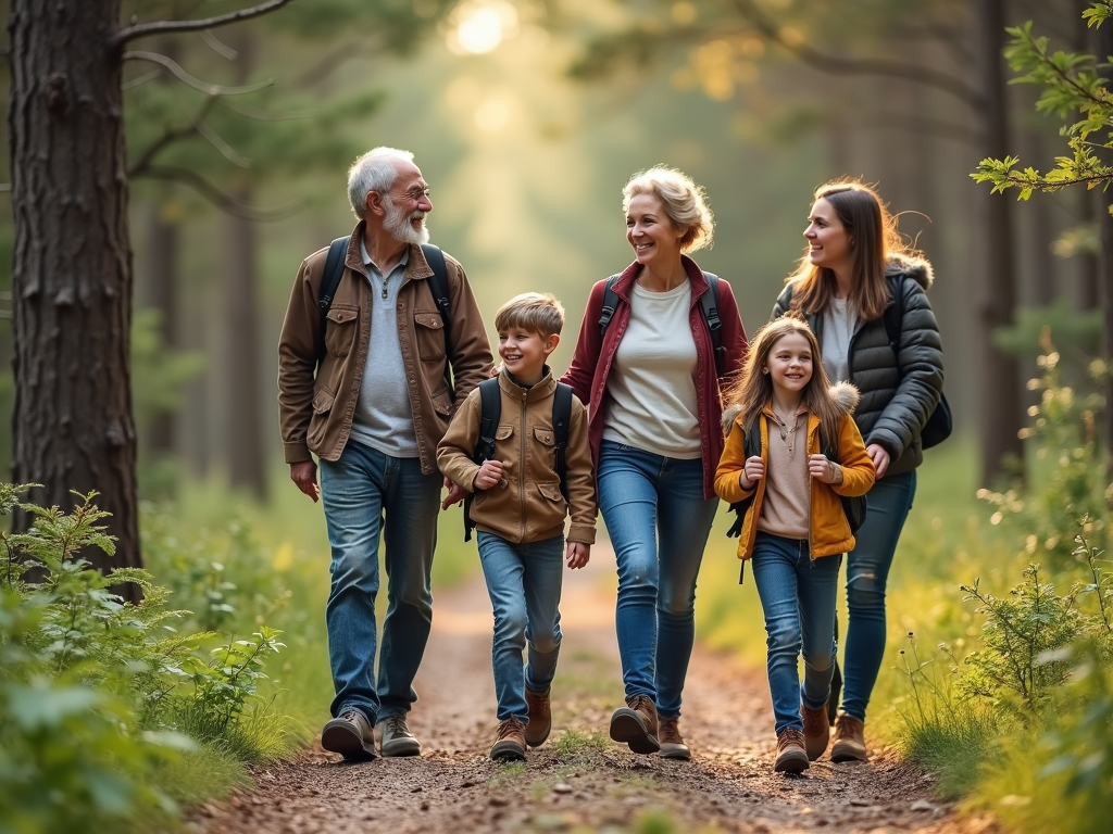 Family hiking together in the forest