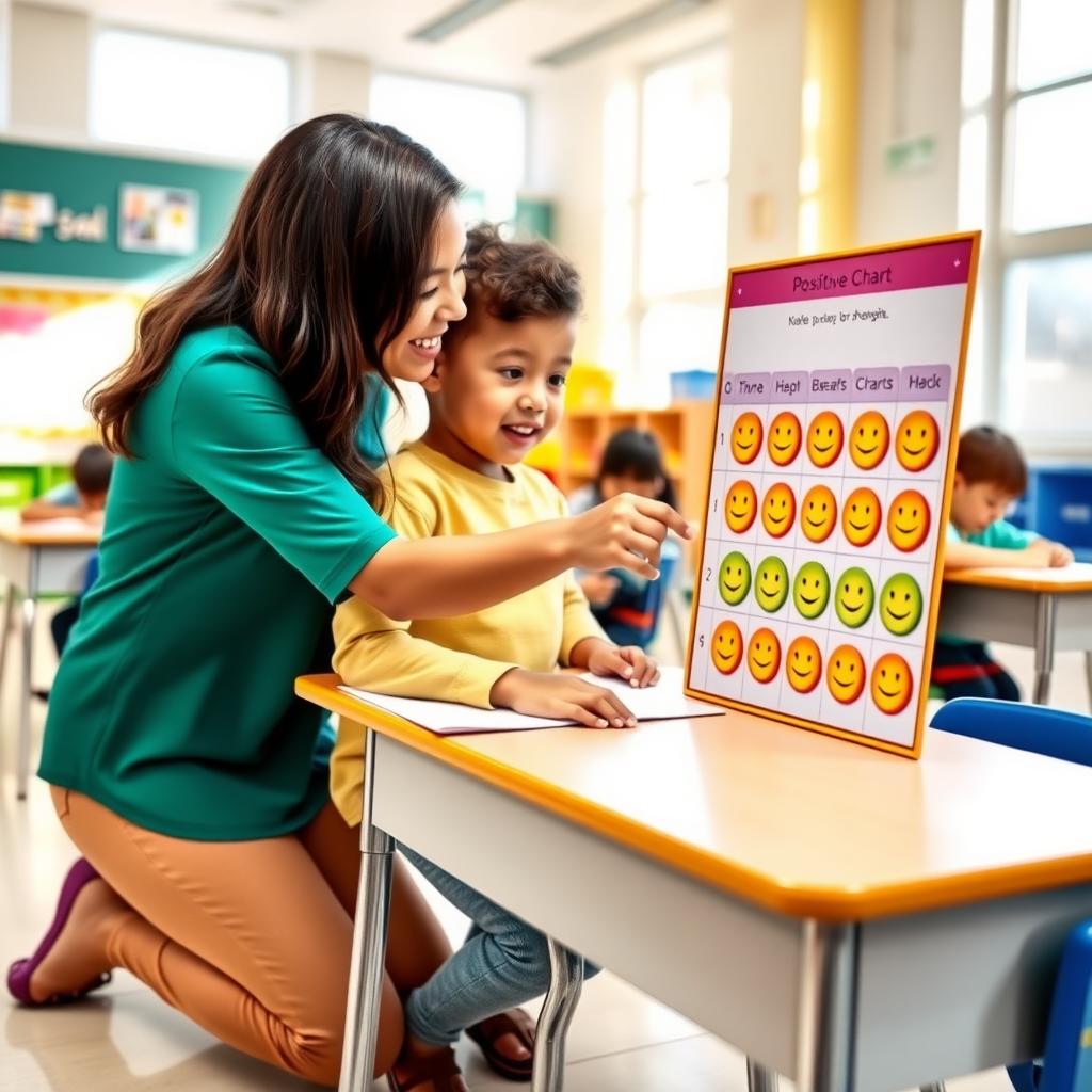 Teacher and student reviewing a behavior chart in a bright classroom