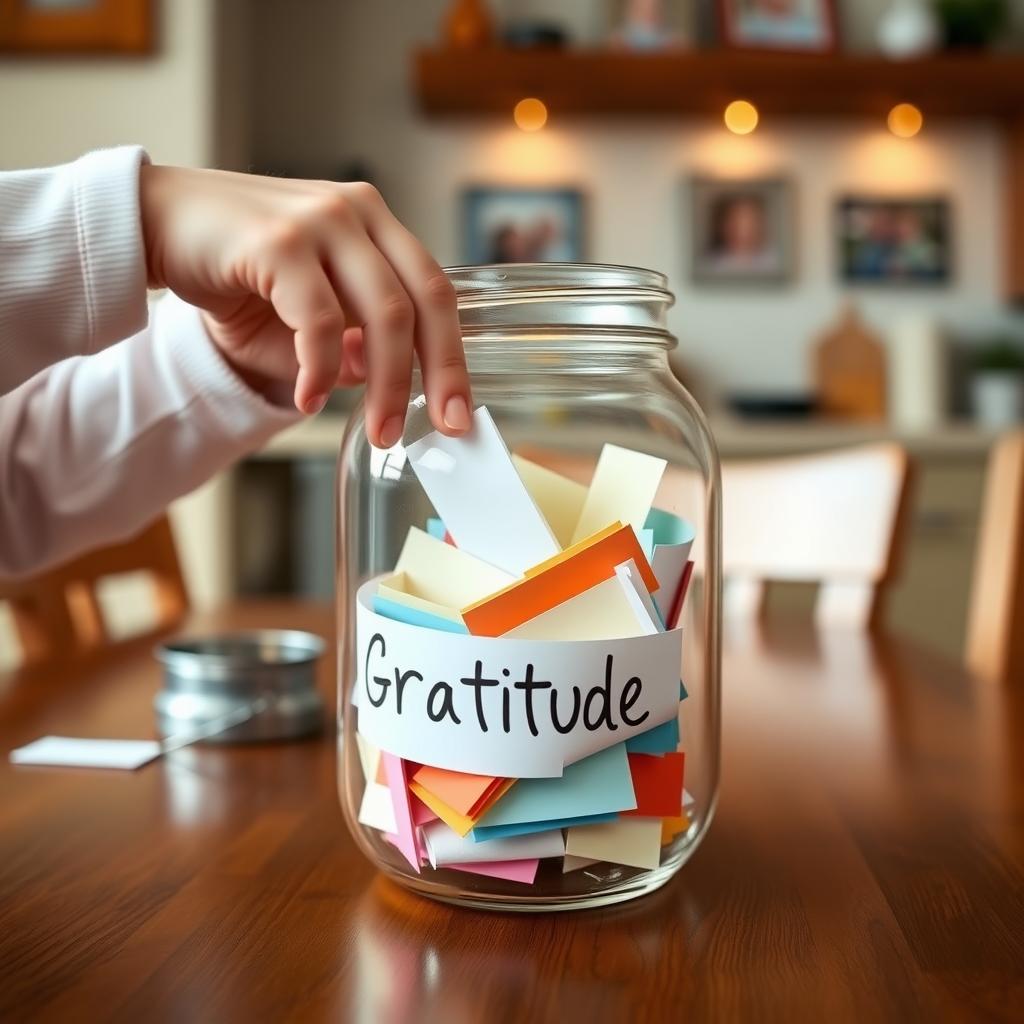 A child adding a note to a gratitude jar in a cozy kitchen.