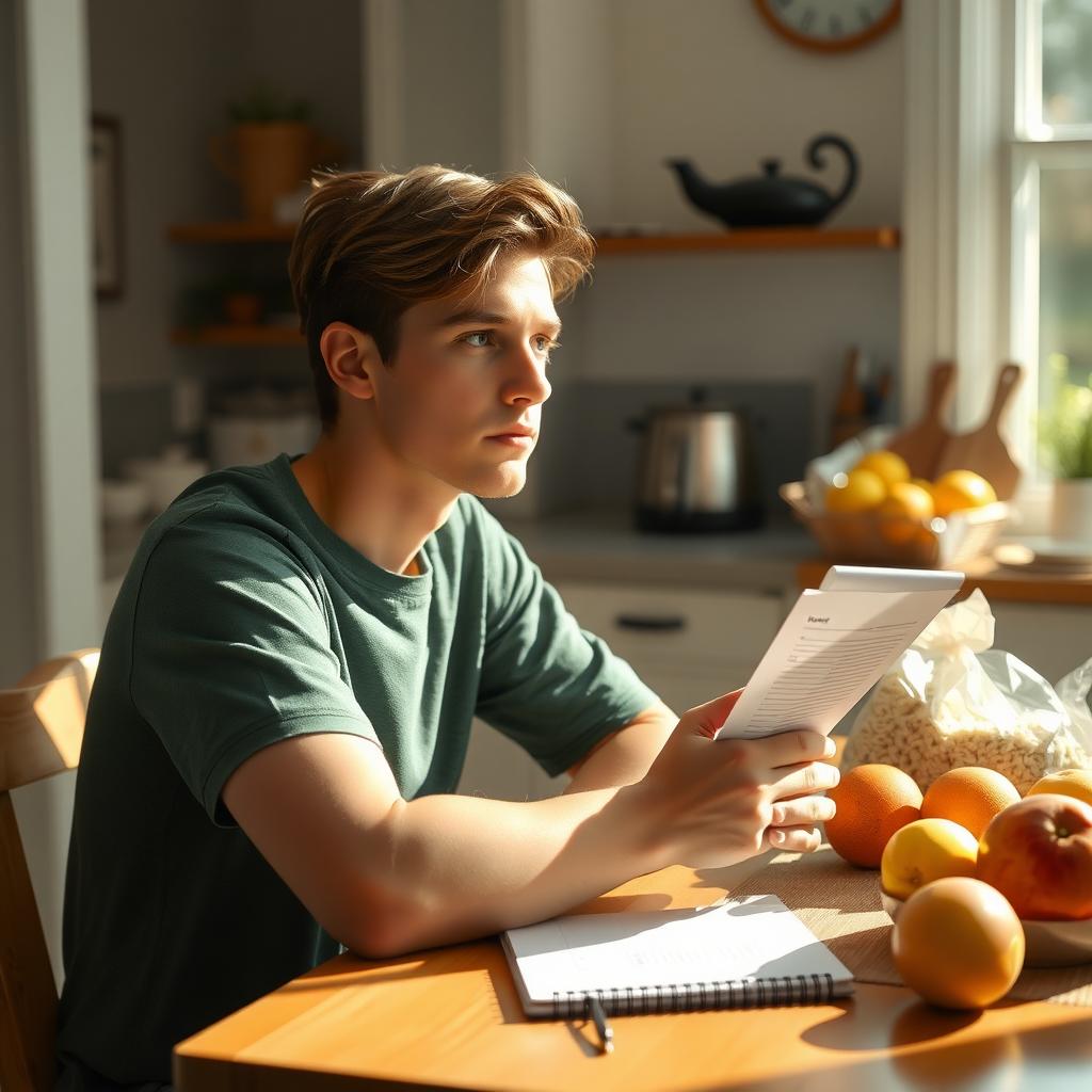 Young adult with chronic food allergy planning meals at a kitchen table