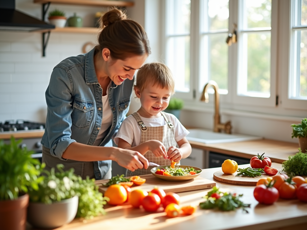 Parent and child preparing a healthy salad