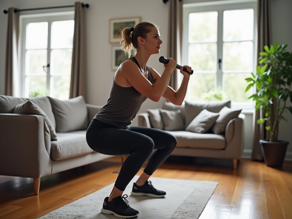 Beginner performing squats at home