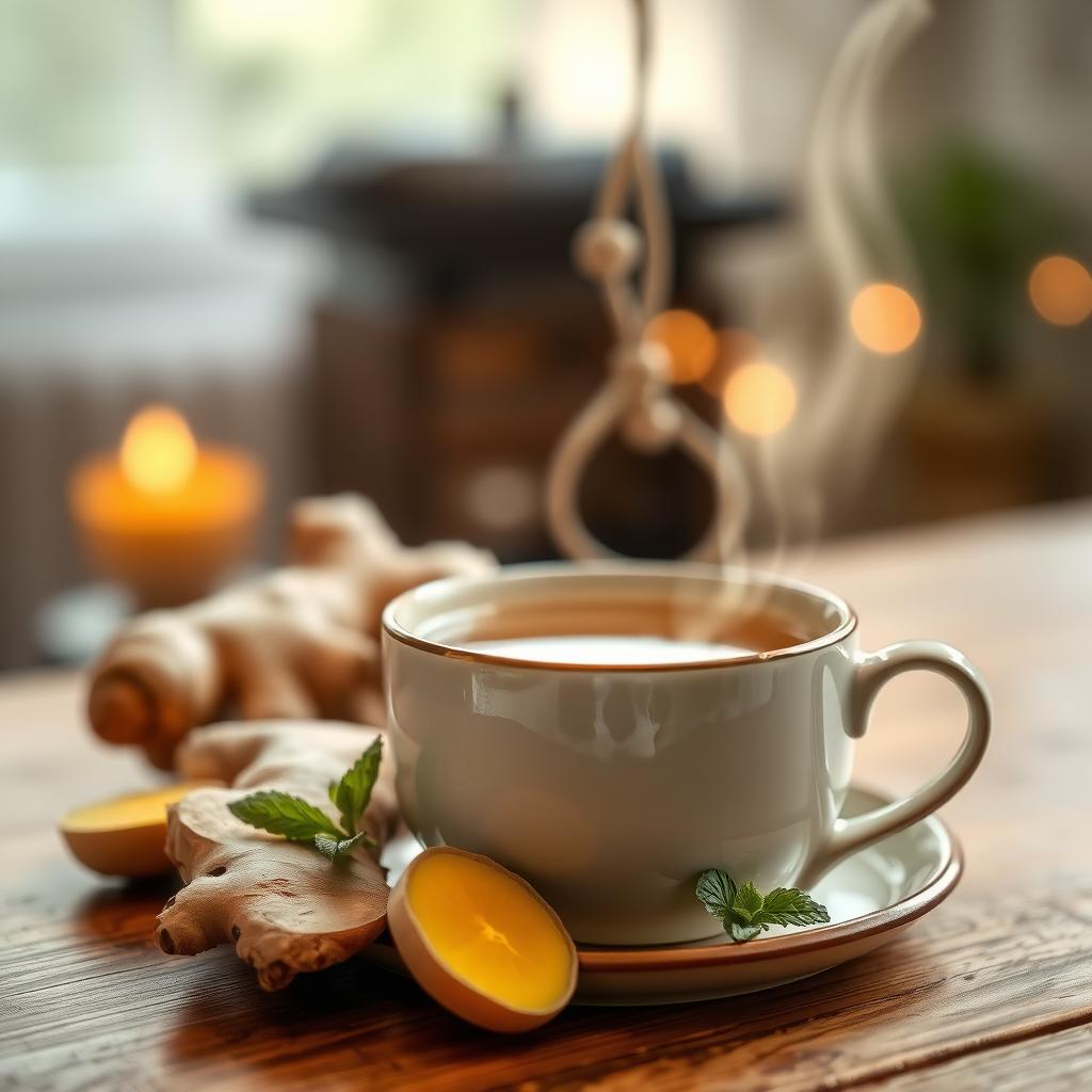 Cup of ginger tea with fresh ginger and mint