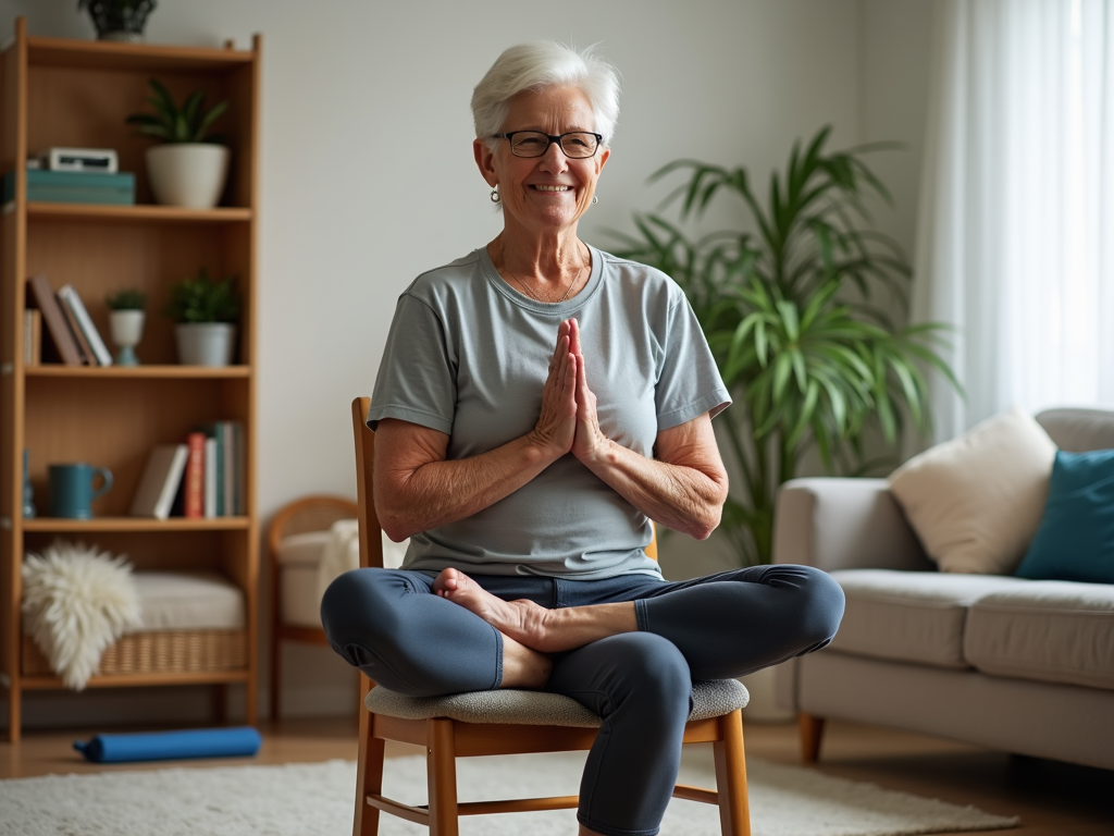 Older adult practicing chair yoga at home