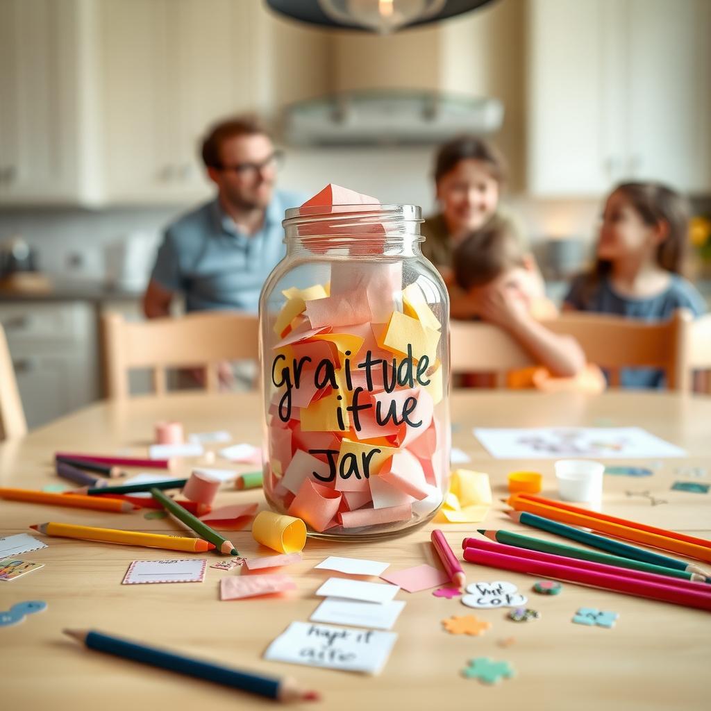 A colorful gratitude jar sits on a kitchen table with pencils and children’s drawings, while a family talks in the warm, cozy background.